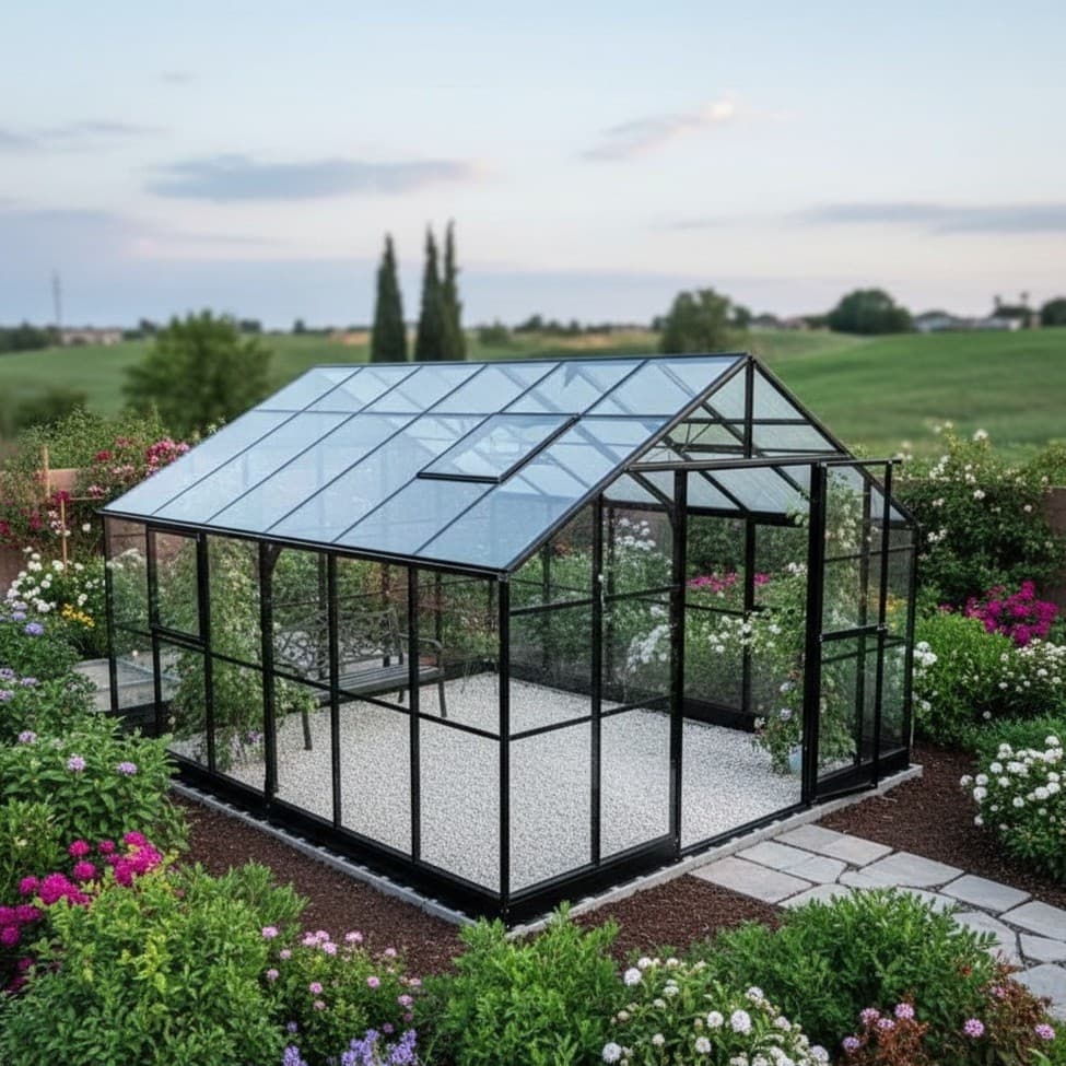 Drivhus greenhouse exterior, summer, double doors open showing cedar floor
