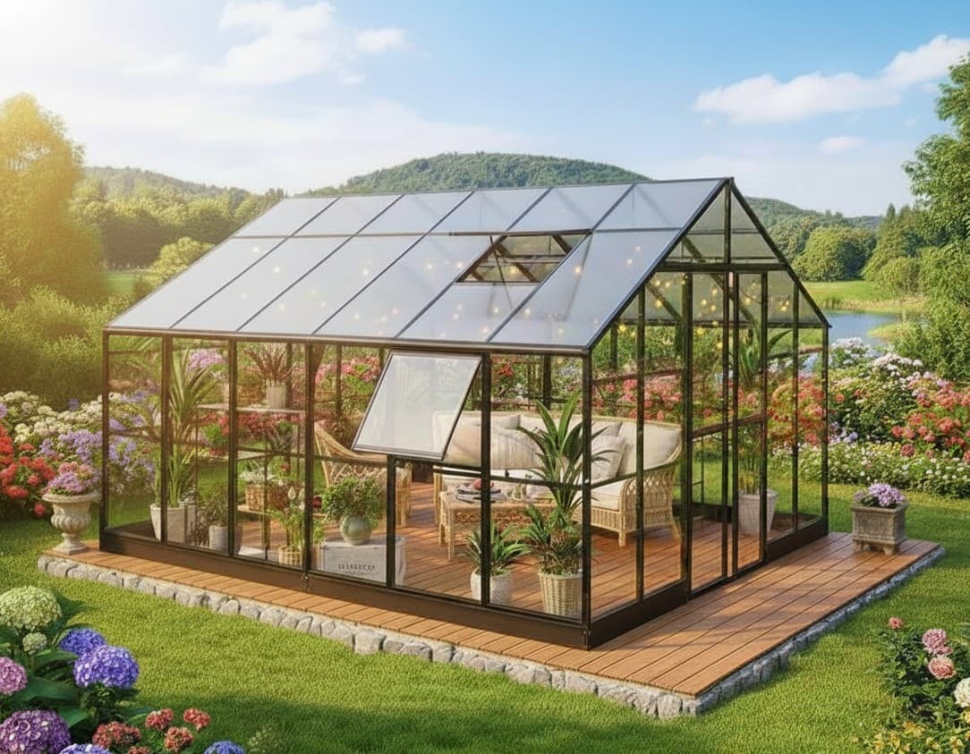 Roof vent shown open from outside the greenhouse
